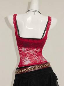 SHEIN ICON Women's Red Lace Semi-Sheer Camisole, Paired With Black Lace Spaghetti Strap Top, 2 Pieces Set,Sexy Tops - Red and Black - View 2