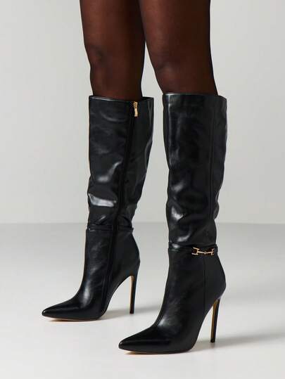MISSGUIDED Botas altas para mujer de tacón de aguja y tacón alto con hebilla metálica, cremallera lateral, color negro, sexy y de moda para atuendos de fiesta