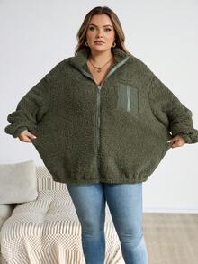 SHEIN CURVE+ Chaqueta de forro polar informal de talla grande, versátil para otoño/invierno - Verde militar - Ver 9