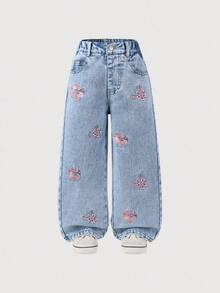 少女款可爱浅色水洗牛仔裤，饰有刺绣花卉图案，长直筒裤型，拉链细节，90年代复古甜美风。 - 淺色水洗藍 - 查看 6