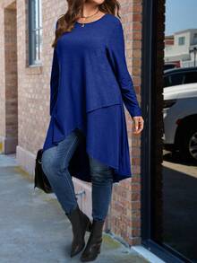 SHEIN 大码纯色长款不对称下摆圆领长袖T恤 - 寶藍色 - 查看 3
