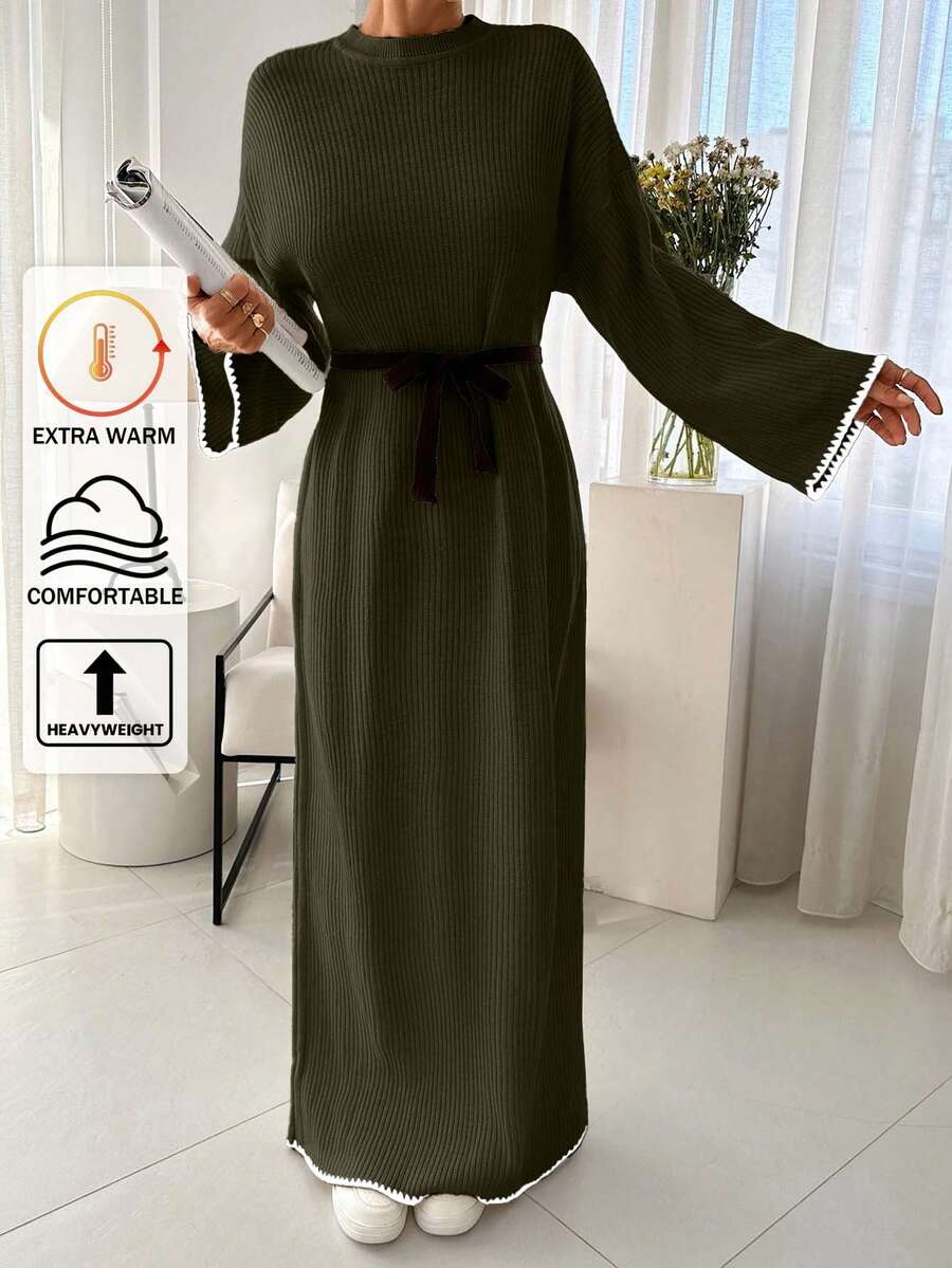 EURMUSE Pullover Sweater Dress Hem And Sleeve Detail+ 478 - Army Green - View 1