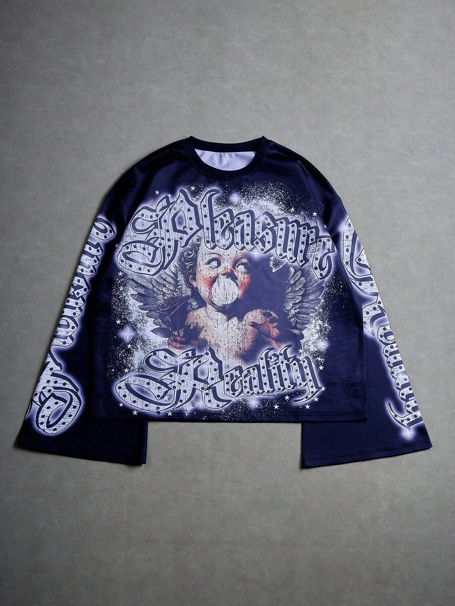 PAVTROS Men's Street Style Long Sleeve T-Shirt With Digital Printing Of Angel Blowing Bubble Gum Pattern - Blue - View 1
