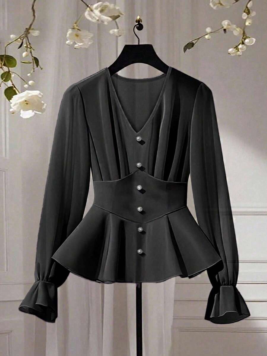 Franclia Bluză elegantă pentru femei de mărime mare, din șifon, culoare solidă, cu decolteu în V, cu nasturi și perle, mâneci bufante și volane, design versatil, cămașă casual cu mânecă lungă - Negru - Vizualizare 1