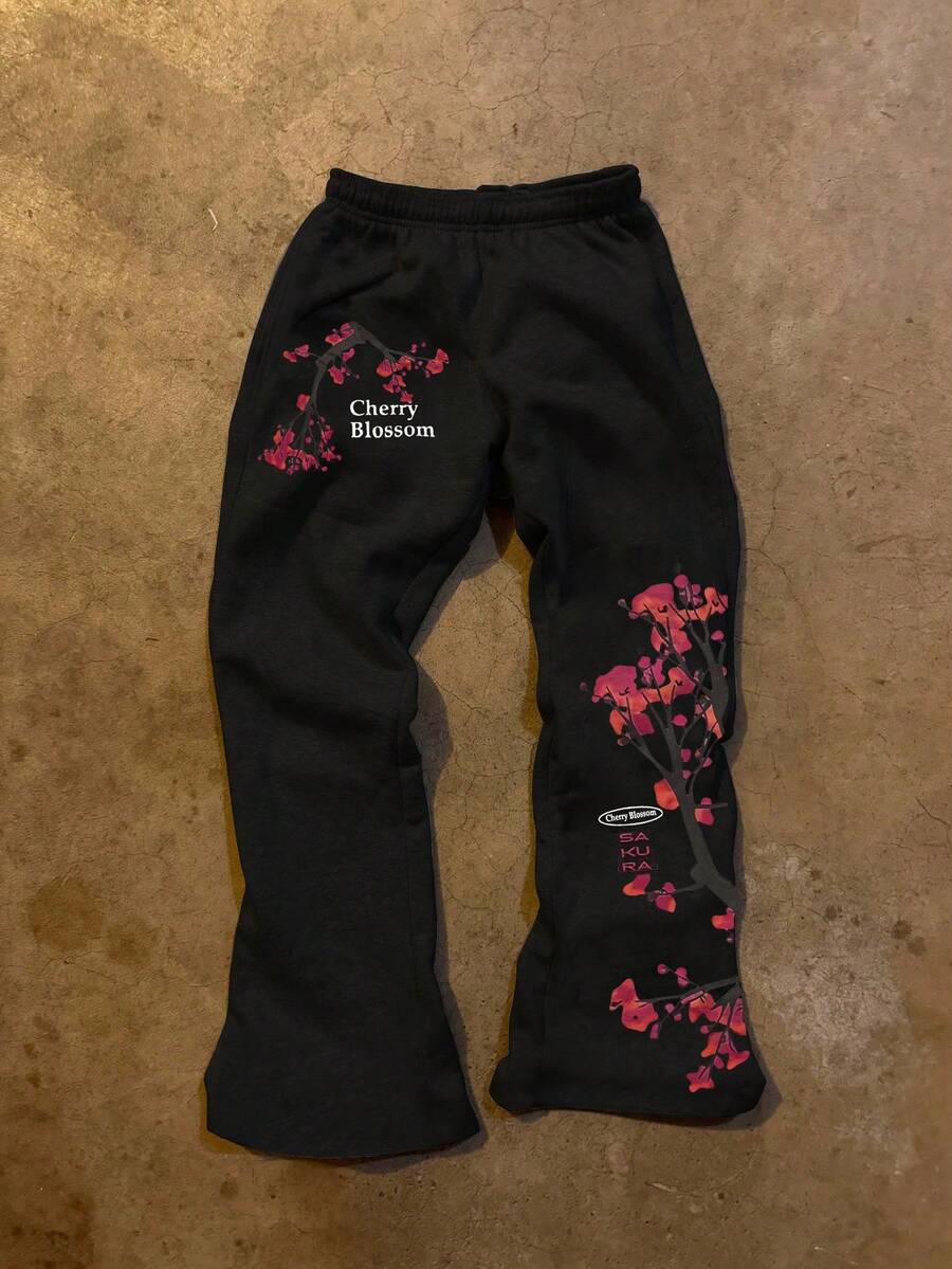 INAWLY 女式松紧腰休闲创意印花百搭街头风格裤子 - 黑色 - 查看 1