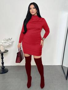 Firerie Plus Size Red Autumn Classy Satin Party Dress, Long Sleeve Ruched Bodycon Mini Dress,Elegant Curvy Fitted Mermaid Style Gala Wedding Valentine's - Red - View 7