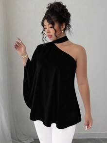 SHEIN Elenzya Plus Size Oblique Collar Halter Tie Dye Print Shirt - Black - View 4