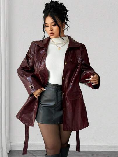 Elenzga Christmas Plus Size Women Casual Commuter Vintage Chic Lapel Single-Breasted Multi-Pocket Belted Mid-Length PU Leather Motorcycle Jacket, Autumn/Winter