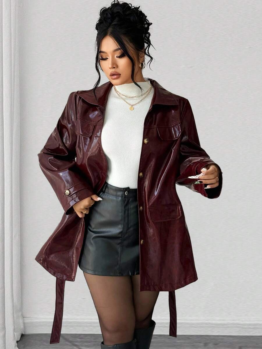 Elenzga 大码女式休闲通勤复古别致翻领单排扣多口袋系带中长款 PU 皮革摩托车夹克，秋冬 - 酒紅色 - 查看 1