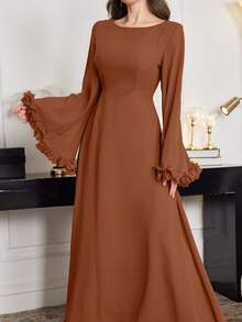 Modelyn Women's Elegant Waist Tie Flared Sleeve Ruffle Hem Dress - Brown - View 6