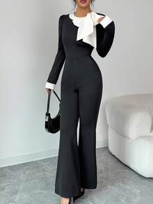 Rafferiza Tuta elegante da donna a maniche lunghe, con vita arricciata, in stile casual europeo e americano, con patchwork color albicocca e fiocco - nero - Visualizzare 3