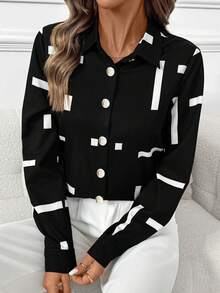 SHEIN Clasi Camicia casual da donna con stampa integrale e bottoni davanti, adatta per primavera e autunno