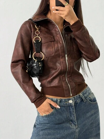 Jeanoix Women's Vintage Distressed Split Design Faux Leather Jacket