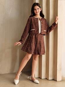 SHEIN Tween Girls 2 Pieces Outfit: Jacket And Pleated Skirt, Suitable For Daily Outings And Gatherings - Brown - View 5