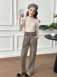 SHEIN Tween Girl 3 PiecesElegant Set: Ruffle Trim T-Shirt, Plaid Print Pants, And Hat - Khaki - View 3