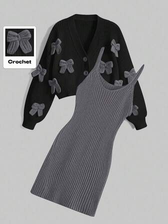 Kawaii Robe décontractée à fines bretelles côtelées pour femmes, ensemble 2 pièces avec cardigan décoré d'un nœud