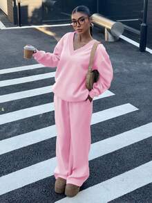 SHEIN EZwear 2 件套女士超大 V 领蓬松羊毛弹力宽松运动衫和运动裤，休闲秋冬 - 粉色 - 查看 5