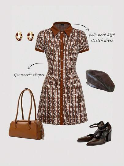 SHEIN MOD Allover Print Center Front Button Up Placket Lapel Dress,Preppy Style, 70s, Casual, Comfortable, Commuting, Old Money Aesthetic, Perfect For School Attire, Teaching Outfits, And Office Wear,Country Concert Outfitr,Office Outfits For Women