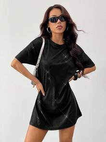 SHEIN PETITE 银色落肩闪光演唱会服装T恤连衣裙 - 黑色 - 查看 7