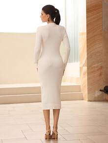 Modelyn 女式纯色铆钉镂空长袖修身针织罗纹毛衣裙 - 米色 - 查看 2