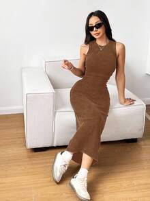 SHEIN EZwear 做旧雪花印花无袖中长连衣裙 - 駝色 - 查看 6