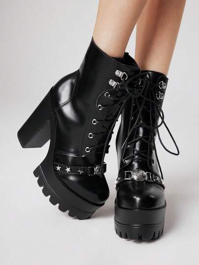 Grunge Punk Damen Gothic Metall Schnallen Plateau Runde Zehenkappe Chunky Heel Punk Stiefel, PU Schwarz High Heel Stiefel geeignet für Party, Alltag, Abendkleid, Größenzunahme und Beinstreckung