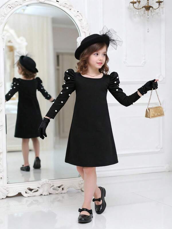 Vestido de manga larga tejido con cuentas, elegante y lindo para niña