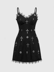 ROMWE Grunge Punk Đầm ôm body ren ngắn phối mặt dây chuyền Punk dành cho nữ - màu đen - Xem 1