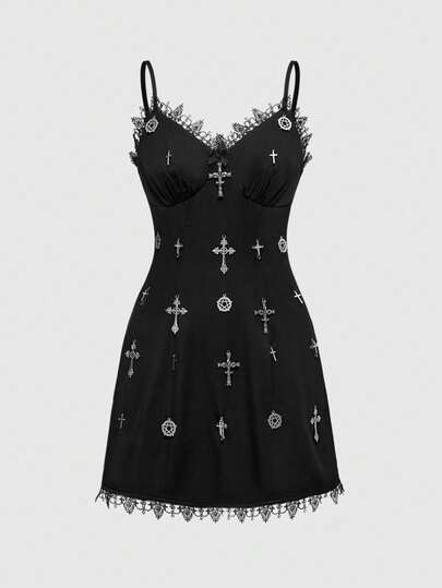 Grunge Punk Vestido mini ajustado de encaje en contraste con colgante de cruz punk para mujeres