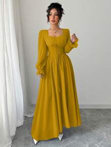 Modelyn 女式法式高端甜心领荷叶边袖系腰长裙，春秋 - 黃色 - 查看 6