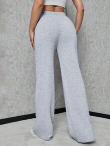 SHEIN Tall Casual Solid Drawstring Waist Straight Leg Sweater Pants - Grey - View 2