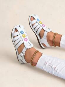 Sandalia para niña con flores multicolor, punta redonda, tiras transpirables, suela plana, estilo dulce para uso diario y casual - Blanco - Ver 3