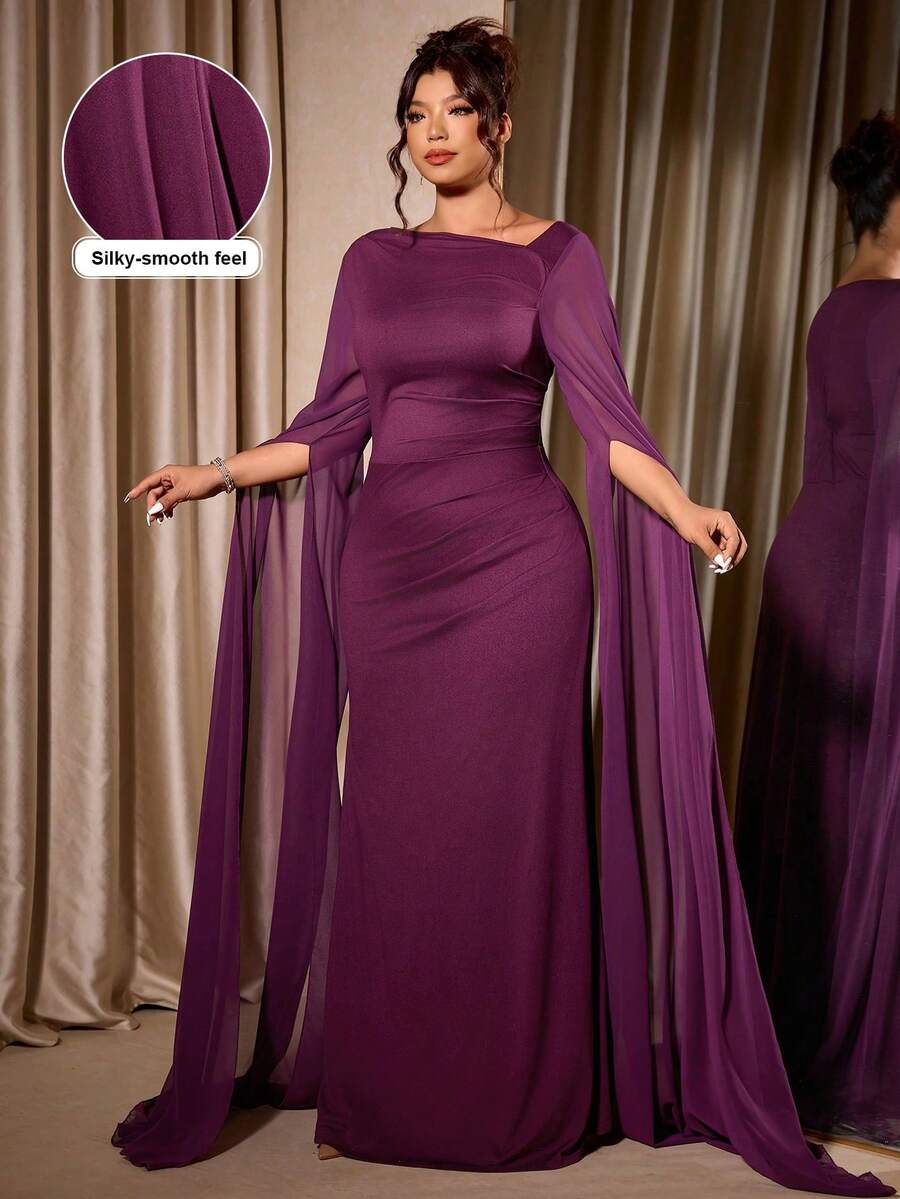 Elenzga 大码女式斜肩长袖开衩下摆修身优雅连衣裙 - 中紫紅色 - 查看 1