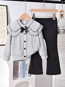 Elladie kids 2pcs Little Girl Cottagecore Sweet Campus Daily Autumn Lace Collar Bow Knit Cardigan Flare Pants Outfit Set - Multicolor - View 6