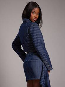 NYA SZN Áo khoác denim dáng ngắn tay dài cài nút, họa tiết sọc, ôm sát, phong cách đường phố, thường ngày, công sở, mùa thu đông, phù hợp đi làm, dự lễ hội, lễ hội hóa trang dành cho nữ. - Rửa tối - Xem 2