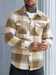 Manfinity Homme 男士休闲复古格子纽扣大衣，秋季款，送给男友和老公的完美节日礼物，男士法兰绒衬衫，冬季款 - 黃色 - 查看 3