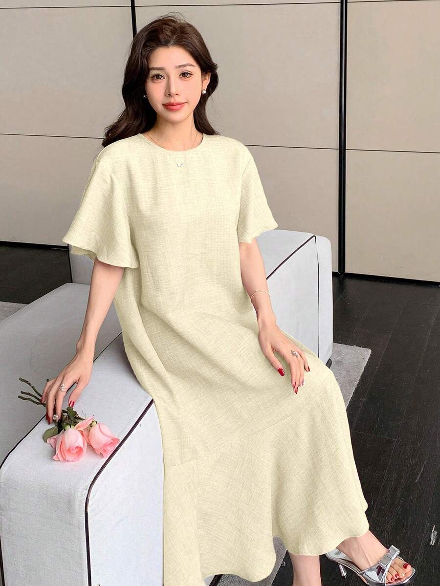 DAZY Vestido de mujer de largo medio con cuello redondo y volantes en el bajo, vestido de verano de unicolor - Beis - Ver 1