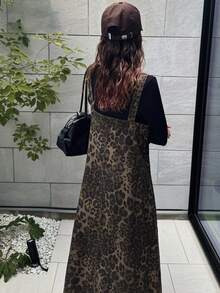 FRIFUL 女士时尚豹纹无袖方领休闲宽松长款牛仔连衣裙 - 棕色 - 查看 6