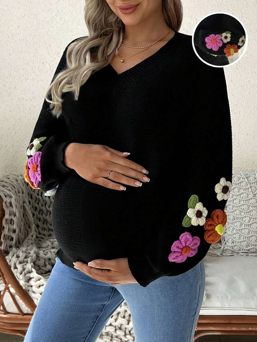 SHEIN Pregnant Women's Fashion Casual 3D Floral V-Neck Long Sleeve Sweater - Black - View 1