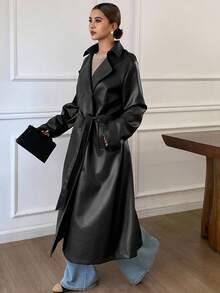 Livesso 新款秋冬宽松休闲加厚优雅装饰PU长款女式外套皮夹克女式大衣 - 黑色 - 查看 6