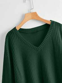 SHEIN Unity Áo thun dài tay hở vai cổ chữ V màu trơn đơn giản dành cho nữ - Màu xanh lá cây đậm - Xem 4