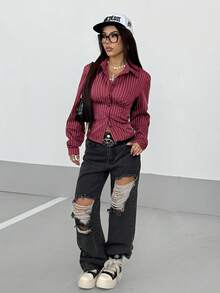 StreetHx Women's Retro Fitted Striped Shirt