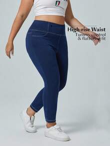 Flexra 大码休闲破洞宽松弹力针织紧身牛仔裤 - 藍色 - 查看 3