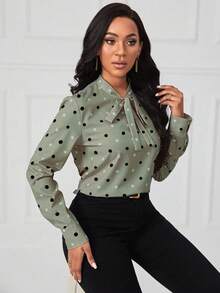 Xyvia 波尔卡圆点系带衬衫 - 橄欖綠 - 查看 5