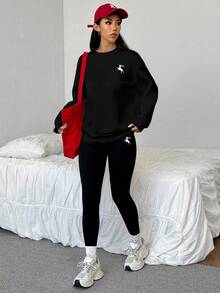 SHEIN EZwear 2 件鹿图案休闲宽松圆领运动衫和紧身打底裤套装，适合秋冬季 - 黑色 - 查看 6
