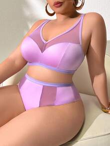 SHEIN Bộ 2 áo ngực và quần lót không dây cỡ lớn mềm mại tối giản mặc hàng ngày, màu hoa oải hương - Màu tím - Xem 5