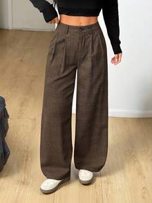 SHEIN PETITE Casual Vintage Pleated Plaid Suit Pants, Autumn And Winter Graduation,Back To School,Teacher Outfits For Women Baggy - Coffee Brown - View 1