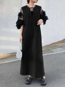 FRIFUL Đầm nữ màu xám đậm trơn, cổ chữ V, không tay, chất liệu vải dệt kim, dáng suông, kiểu dáng thường ngày, xẻ tà, đa năng, thích hợp cho mùa thu hè. - màu đen - Xem 2