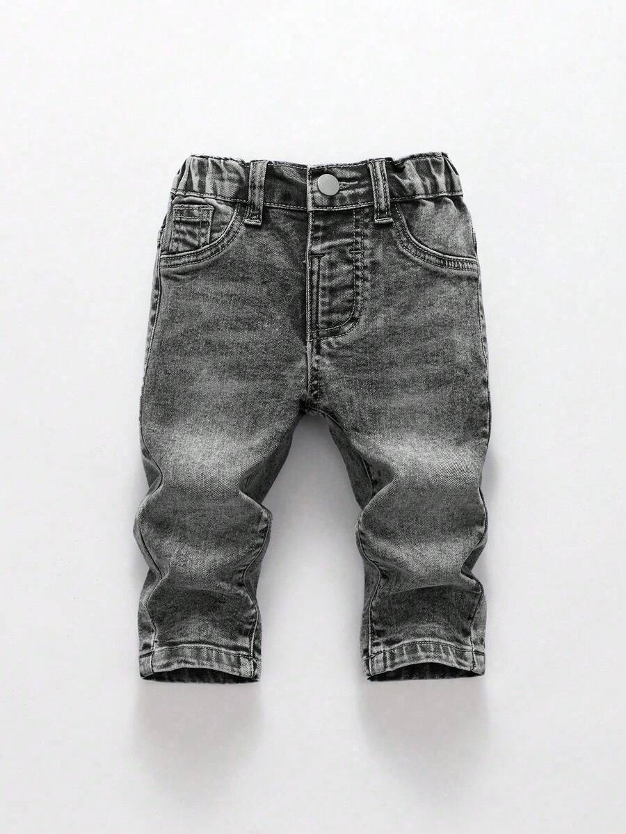 SHEIN 男婴日常休闲灰色牛仔长裤，纯色图案细节婴儿慢跑牛仔裤，男婴牛仔裤 - 灰色 - 查看 1