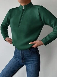 SHEIN Cottnline Women's Solid Color Half Zipper Sweater - Dark Green - View 3